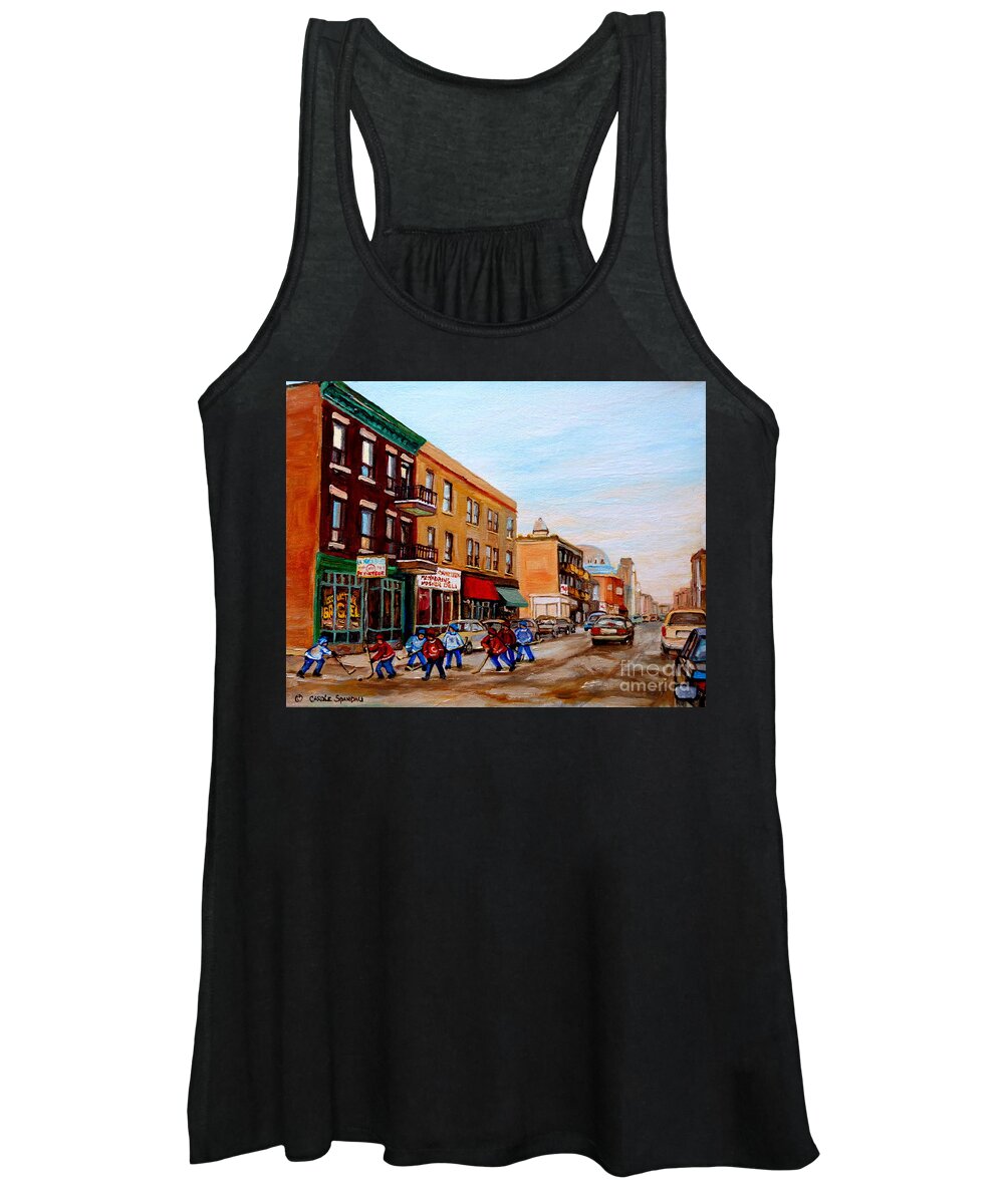 Montreal Women's Tank Top featuring the painting St. Viateur Bagel Hockey Game by Carole Spandau