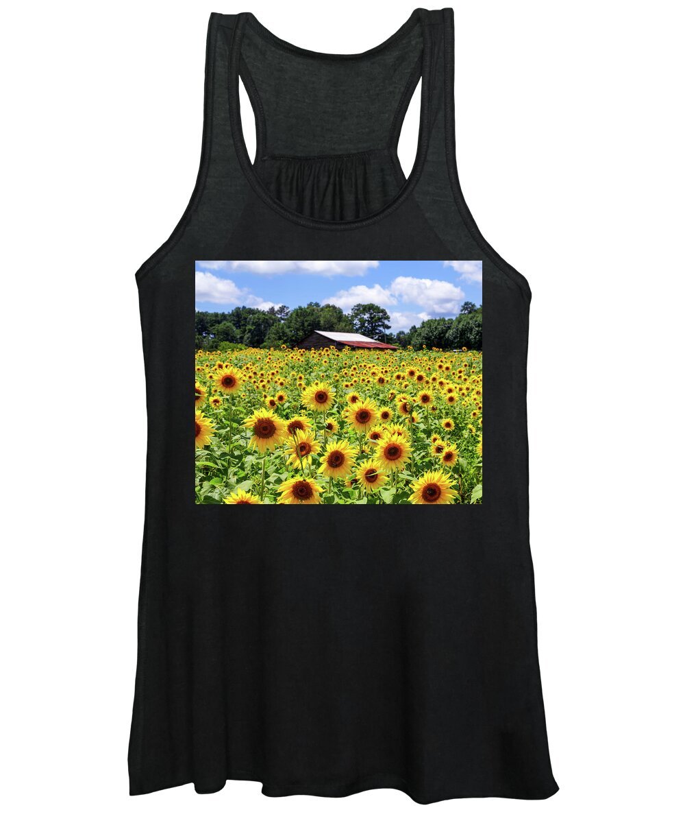 Agriculture Women's Tank Top featuring the photograph Sunflowers with Barn in Distance by Darryl Brooks