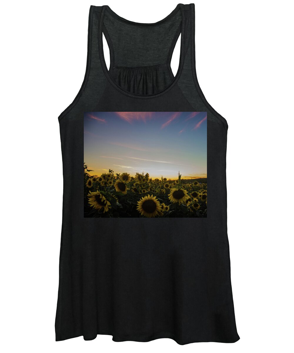 Landscape Women's Tank Top featuring the photograph Sunset with Sunflowers at Andersen Farms by GeeLeesa Productions