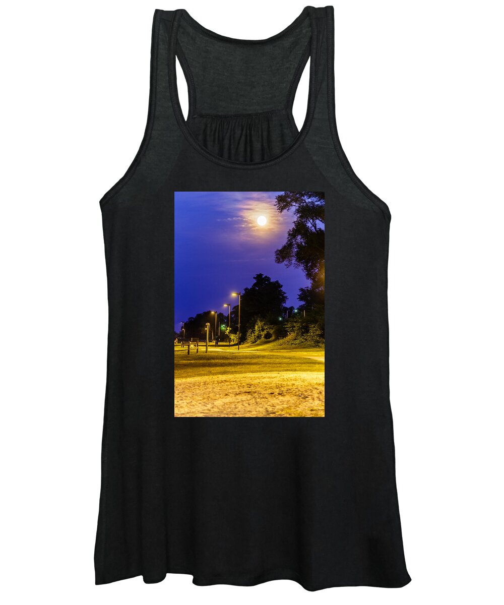 Laurence Harbor Women's Tank Top featuring the photograph Supermoon at Laurence Harbor Waterfront park by SAURAVphoto Online Store
