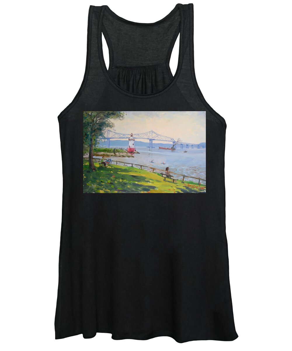 Tappan Zee Bridge And Light House Women's Tank Top featuring the painting Tappan Zee bridge and light house by Ylli Haruni