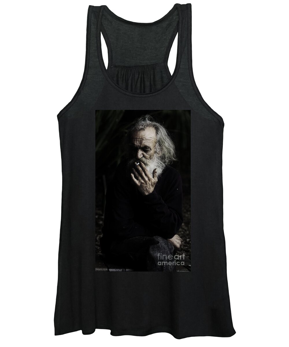 Homeless Male Smoking Smoker Aged Women's Tank Top featuring the photograph The smoker by Sheila Smart Fine Art Photography