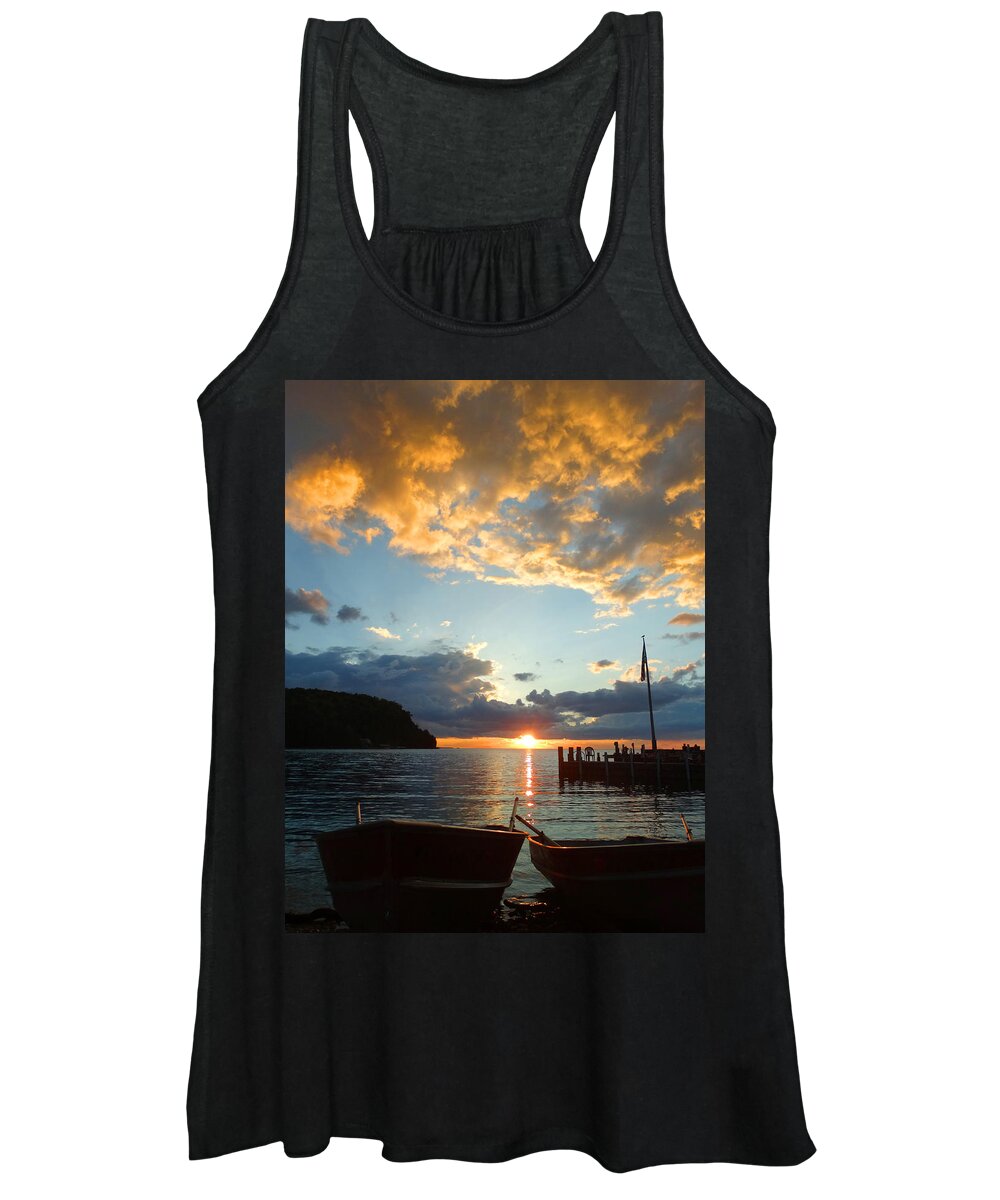 Outdoor Restaurant Women's Tank Top featuring the photograph Two Rowboat Sunset by David T Wilkinson