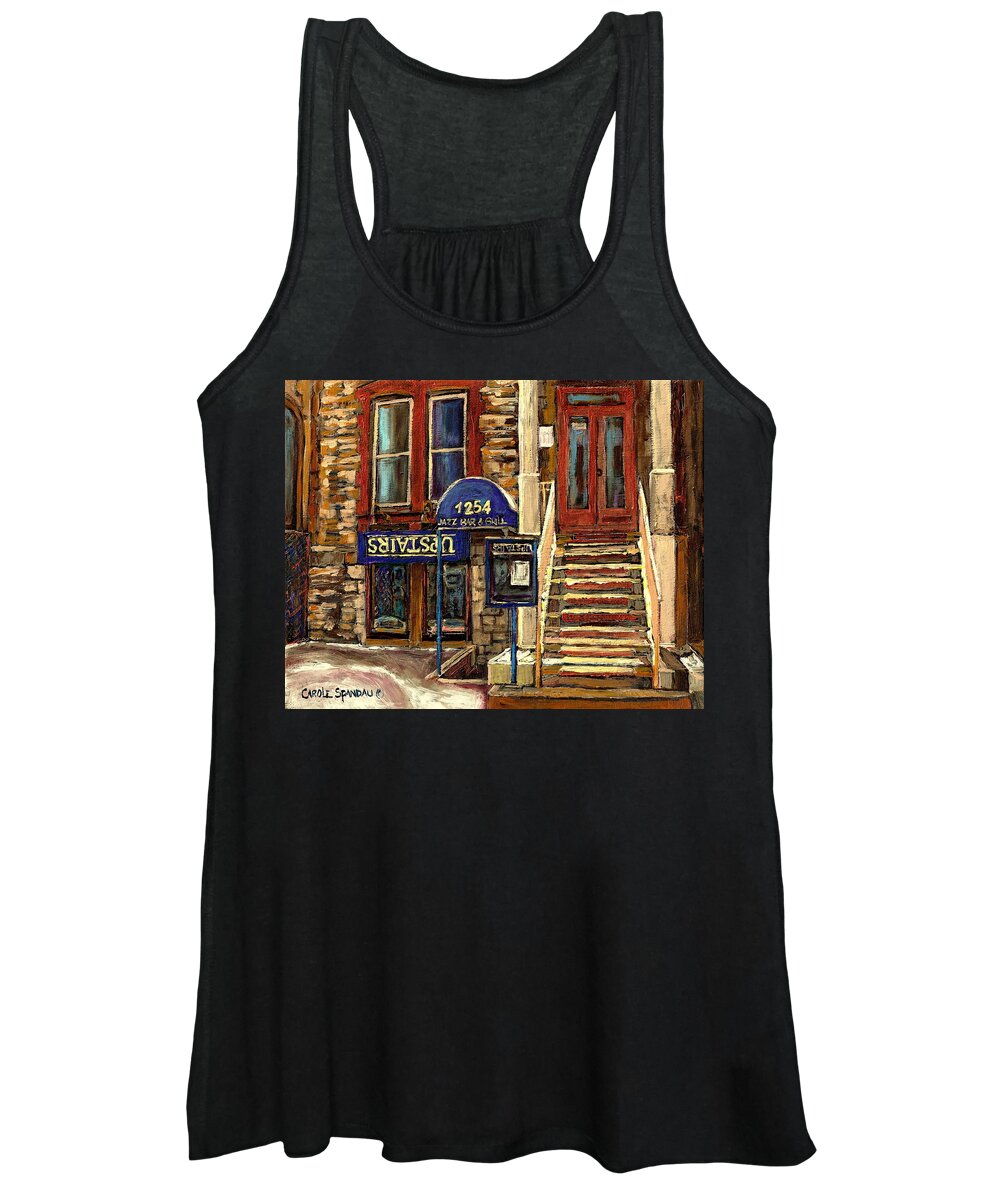 Upstairs Bar And Grill Women's Tank Top featuring the painting Upstairs Jazz Bar And Grill Montreal by Carole Spandau