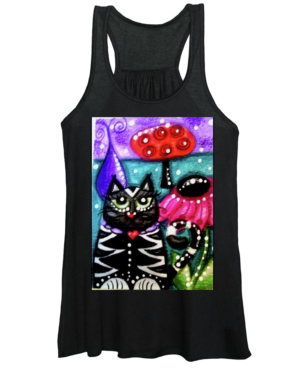 Kitty Women's Tank Top featuring the painting Whimsical Black White Kitty Cat by Monica Resinger