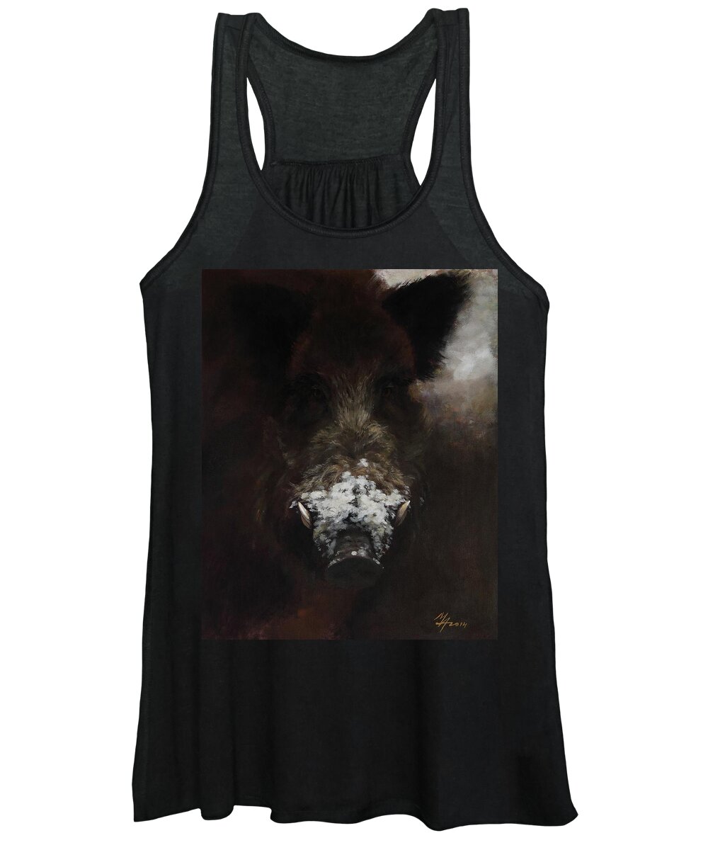 Snout Women's Tank Top featuring the painting Wildboar with Snowy Snout by Attila Meszlenyi