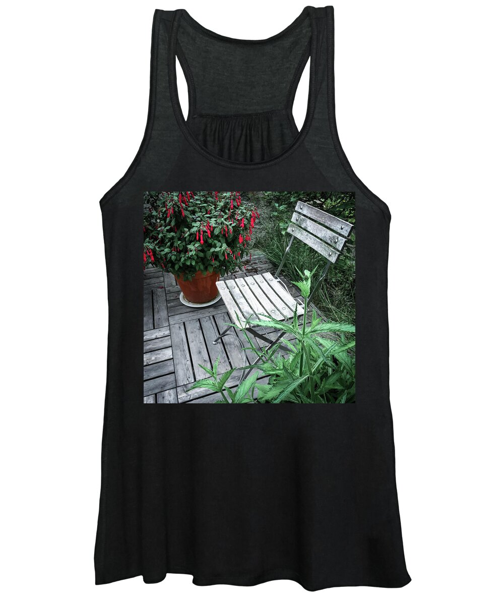 Chair Women's Tank Top featuring the photograph Wooden chair and red fuchsia by GoodMood Art