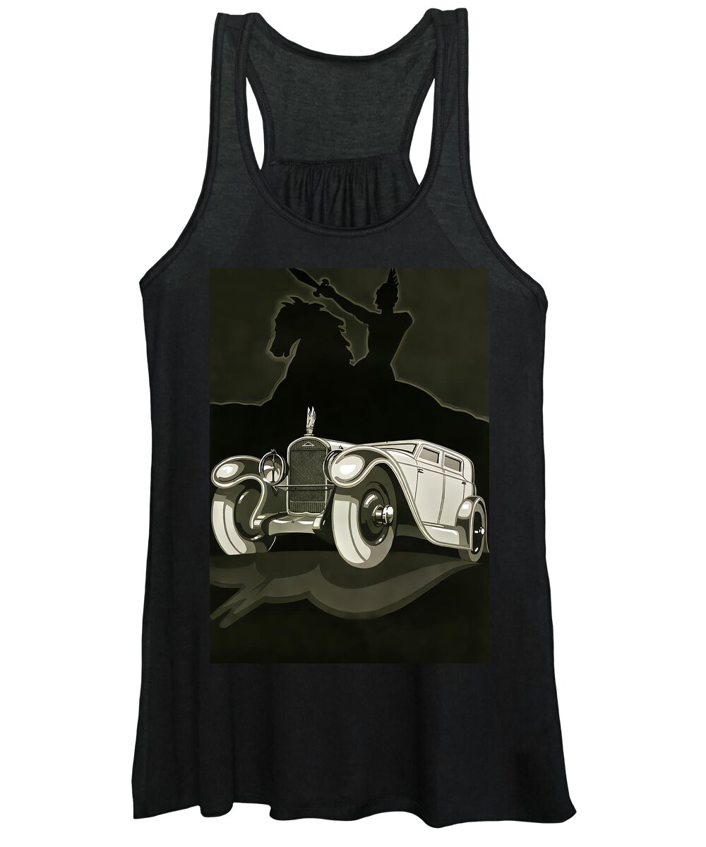 Vintage Women's Tank Top featuring the mixed media 1930 Delahaye With Horse And Warrior Original French Art Deco Illustration by Retrographs