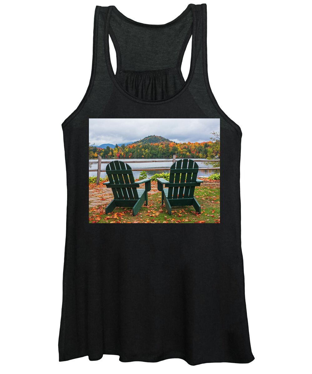 Mirror Women's Tank Top featuring the photograph Adirondack Chairs in the Adirondacks. Mirror Lake Lake Placid NY New York by Toby McGuire