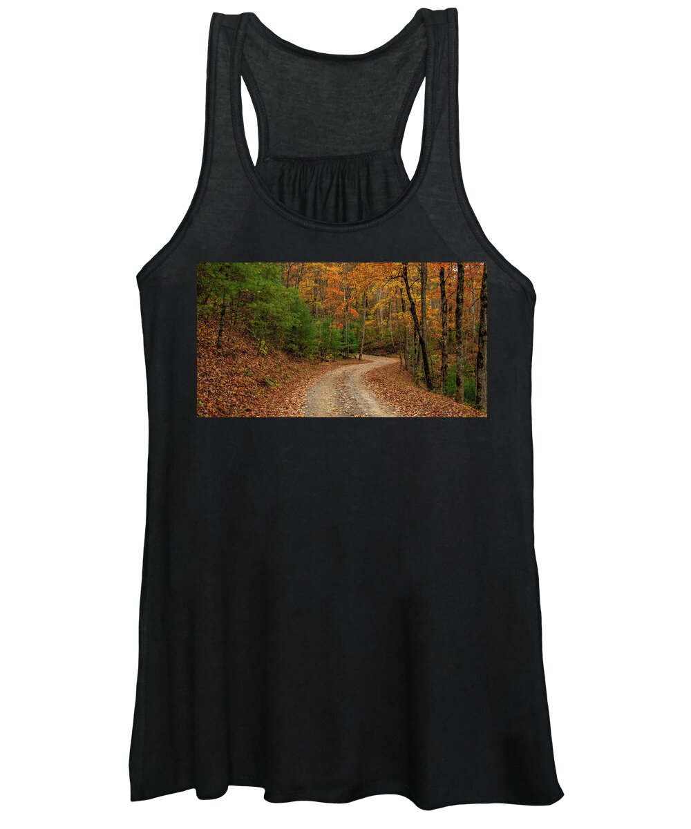 Woods Women's Tank Top featuring the photograph Around the Next Bend by Marcy Wielfaert