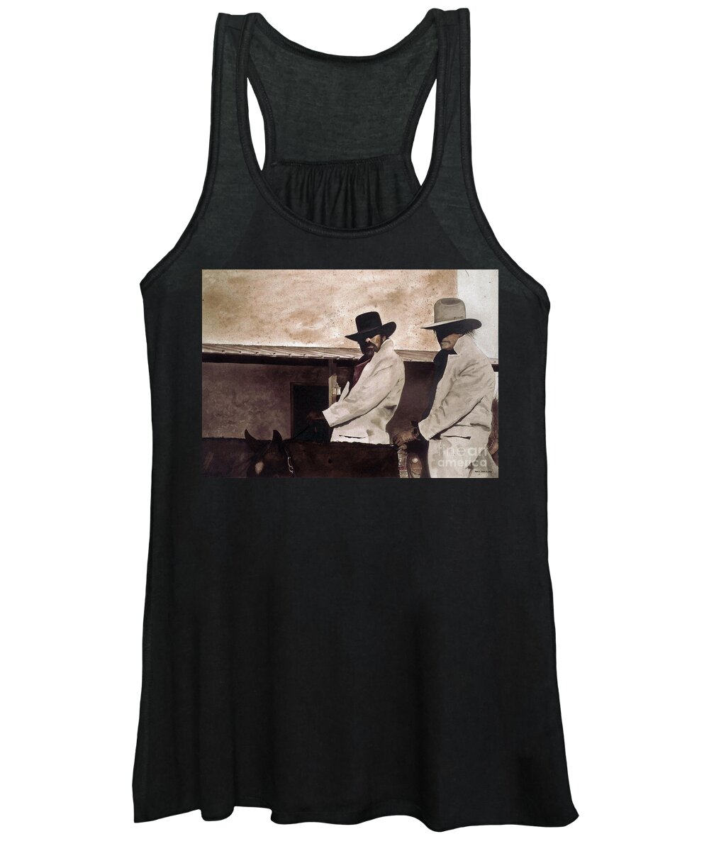 Two Questionable Cowboys Ride In To Town. Women's Tank Top featuring the painting Bad News by Monte Toon