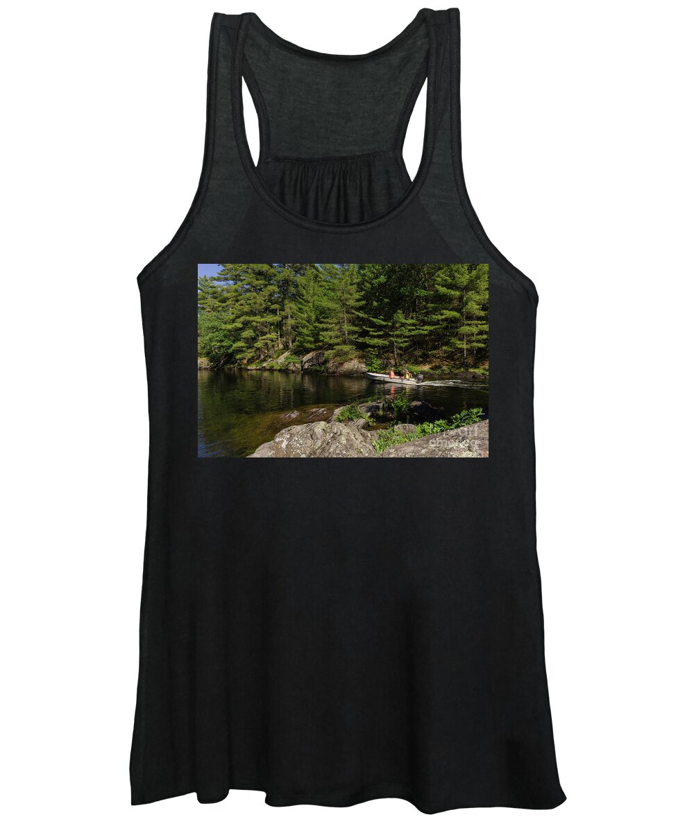 Boat Women's Tank Top featuring the photograph Boat driving through a narrow channel by Les Palenik