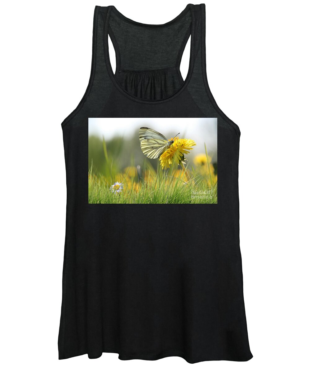 Butterfly On Flower. Butterfly And Dandelion Women's Tank Top featuring the pyrography Butterfly on Dandelion by Morag Bates