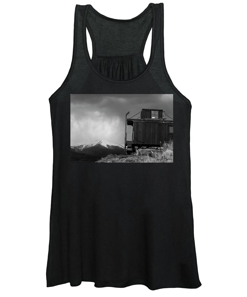 Caboose Women's Tank Top featuring the photograph Caboose in Black and White by Sandra Dalton