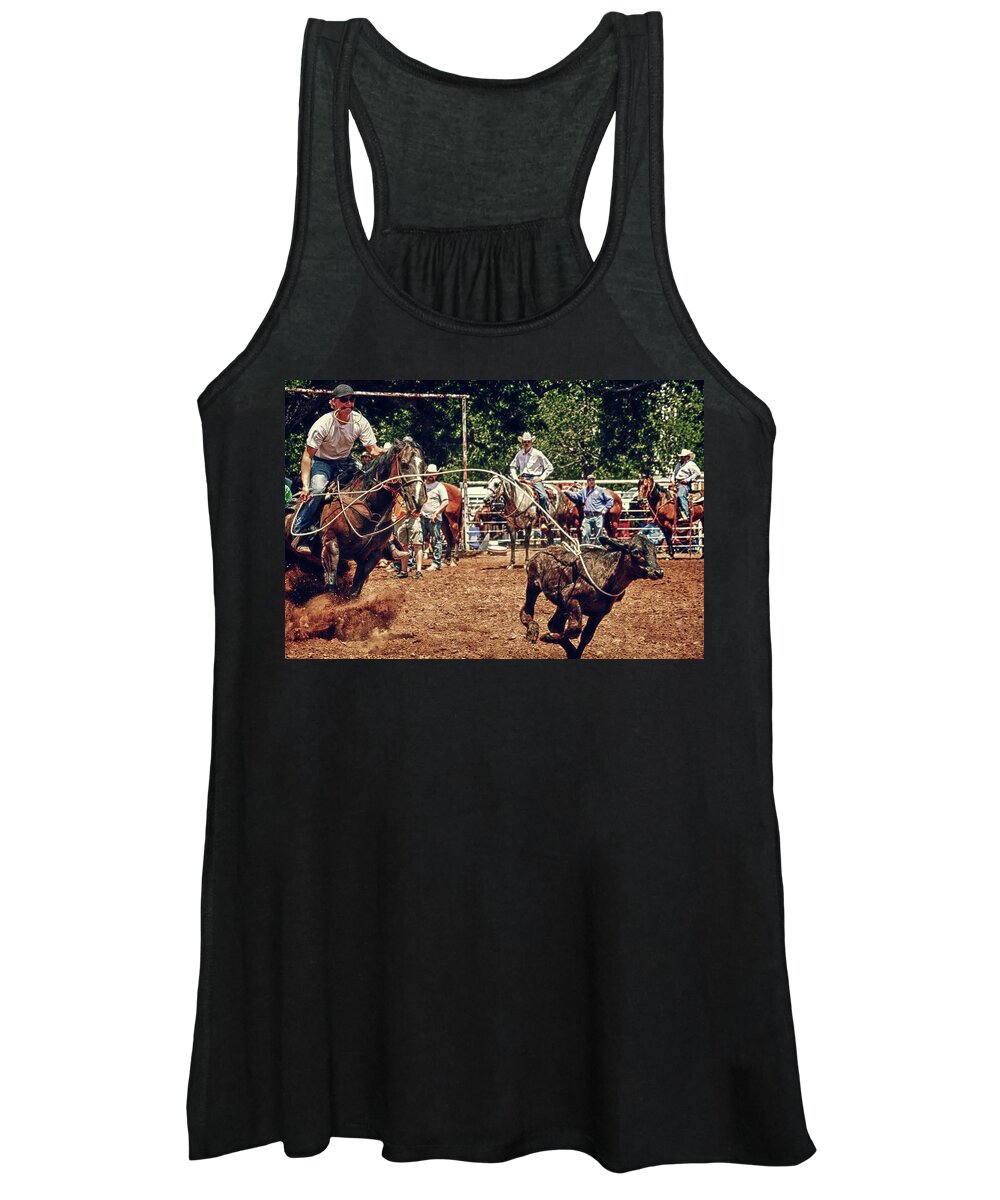 Rodeo Women's Tank Top featuring the photograph Calf Roping Action by Toni Hopper