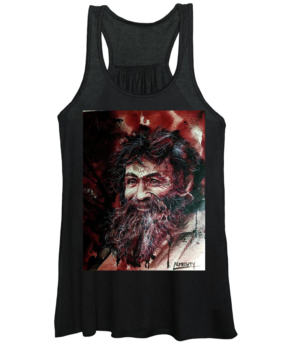 Ryan Almighty Women's Tank Top featuring the painting CHARLES MANSON portrait fresh blood #3 by Ryan Almighty