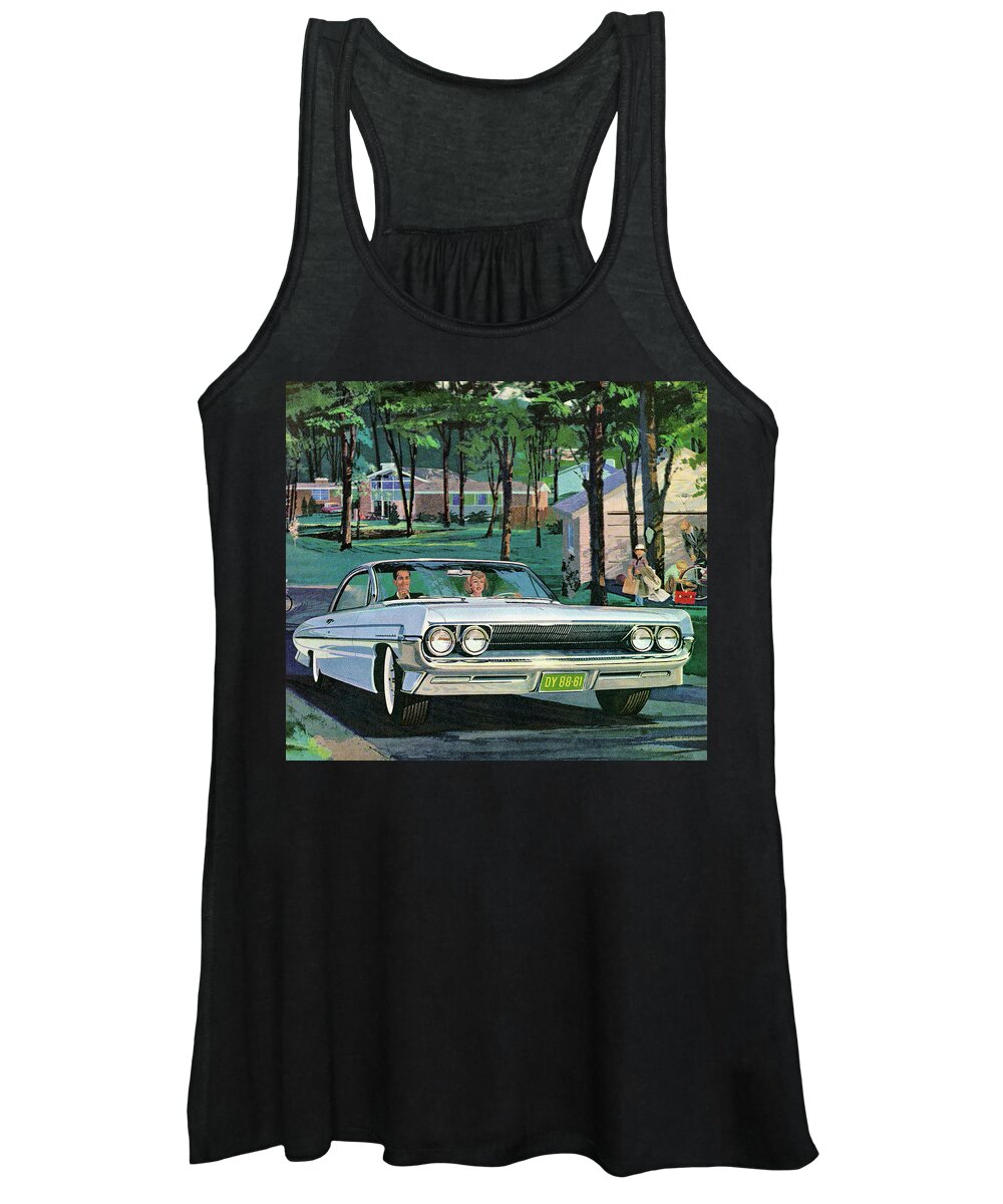 Adult Women's Tank Top featuring the drawing Couple Driving in White Vintage Car by CSA Images
