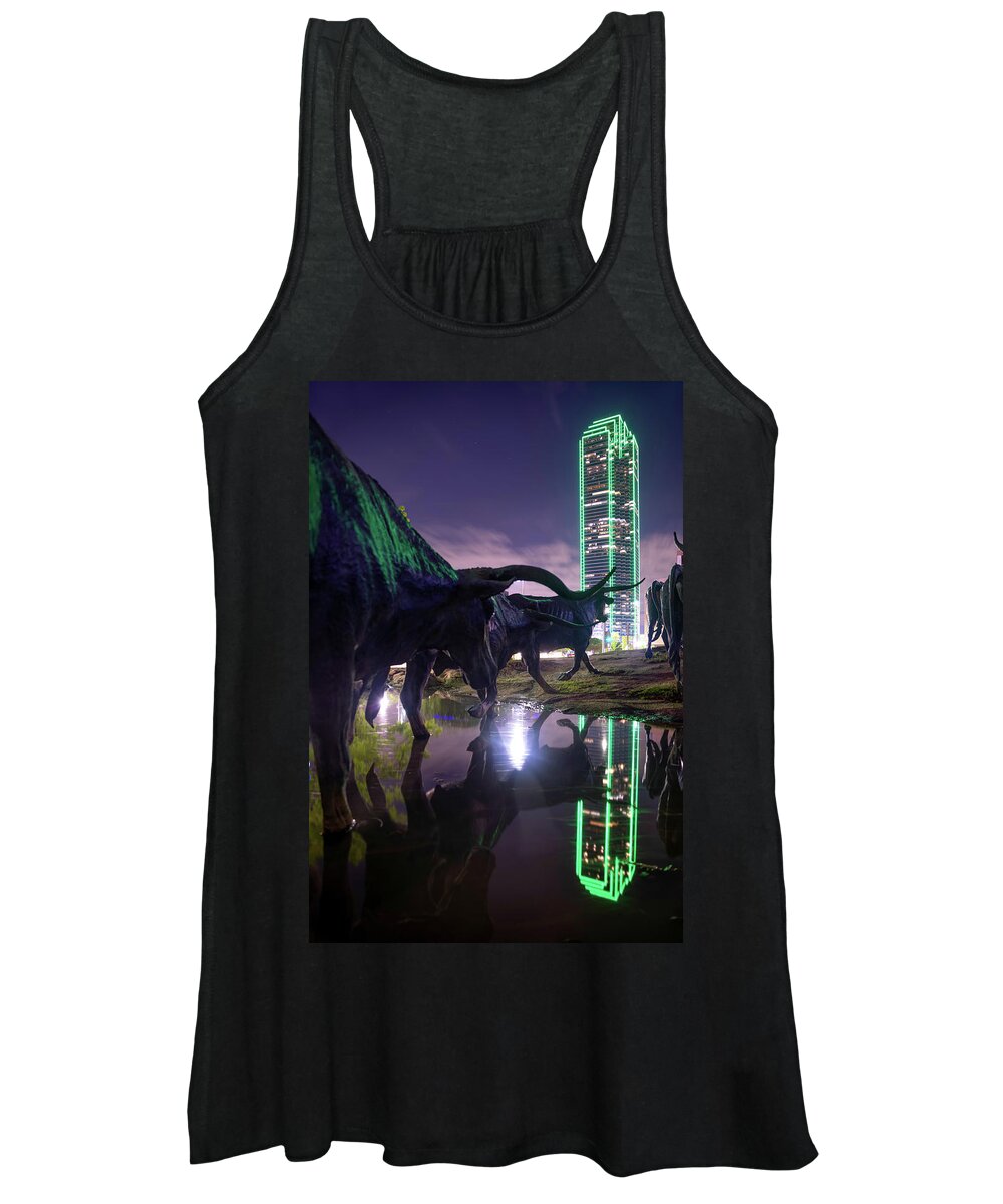 America Women's Tank Top featuring the photograph Dallas Texas Longhorn Cattle Drive Sculptures and Skyline Reflections by Gregory Ballos