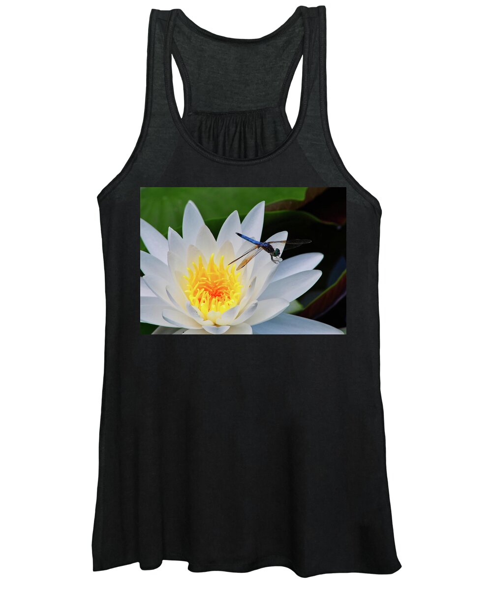 Flower Women's Tank Top featuring the photograph Lily and Dragonfly by Wesley Elsberry