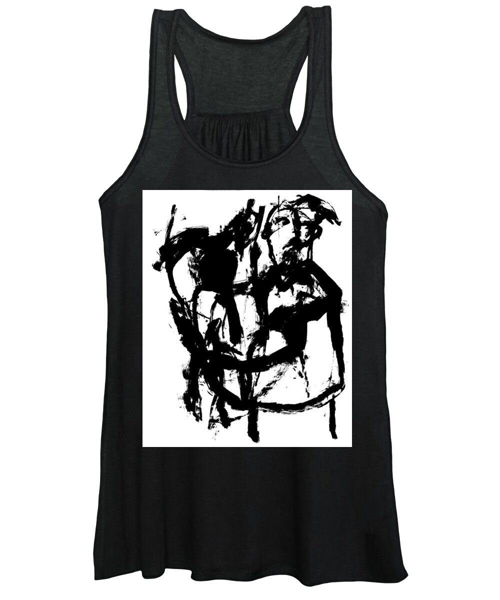 Black Women's Tank Top featuring the drawing Man holding a horse by Edgeworth Johnstone
