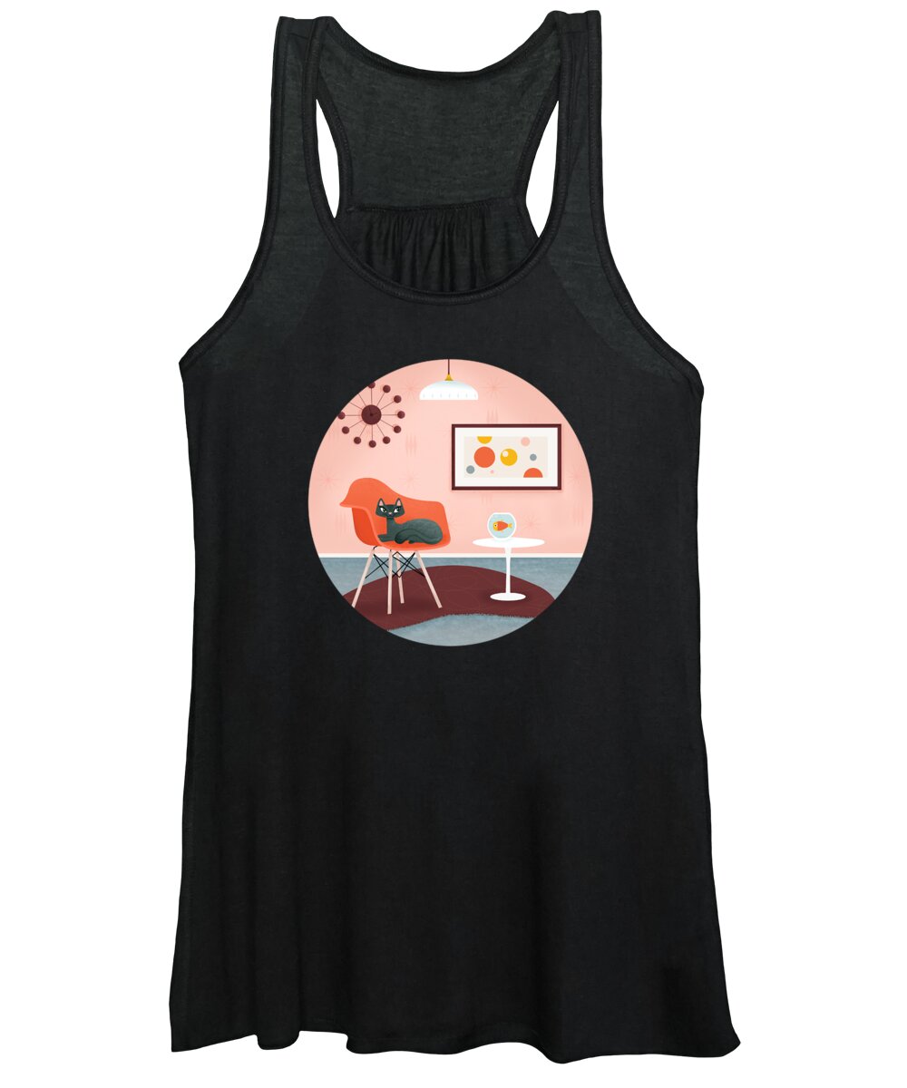 Painting Women's Tank Top featuring the painting Midcentury Coral Decor With Black Cat And Gold Fish by Little Bunny Sunshine