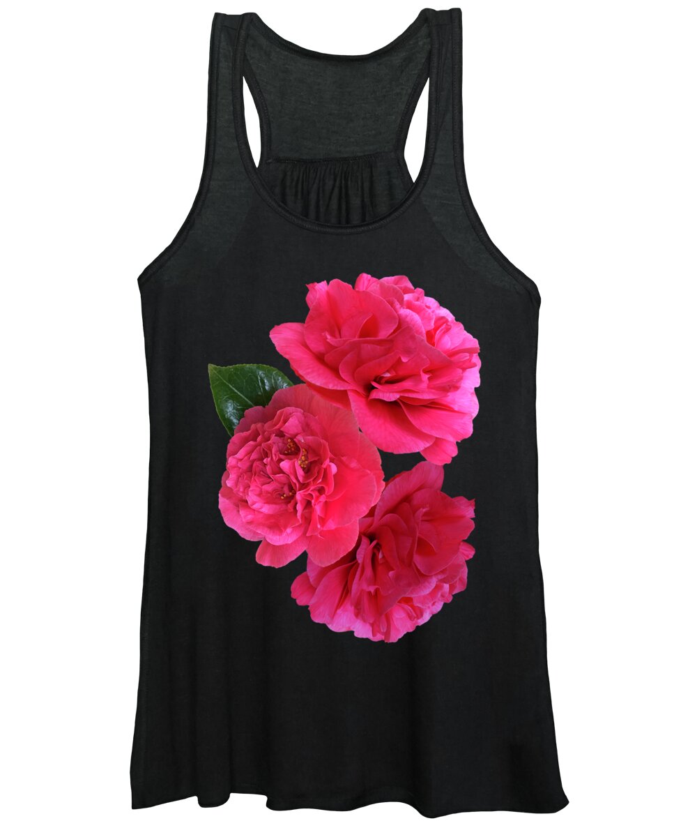 Pink Flowers Women's Tank Top featuring the photograph Pink Camellia On Black Vertical by Gill Billington