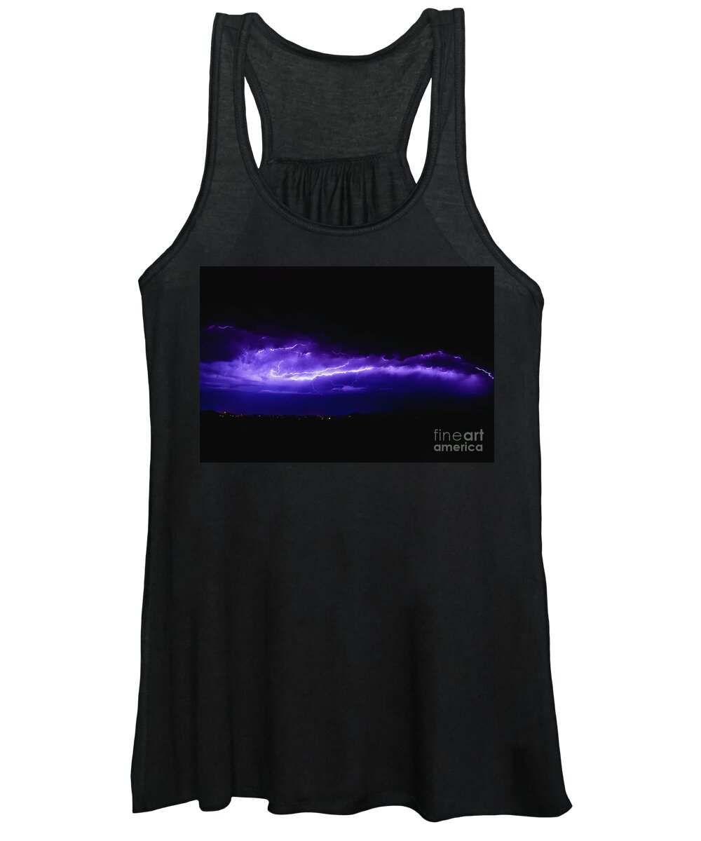 Background Women's Tank Top featuring the photograph Rays in a night storm with light and clouds. by Joaquin Corbalan