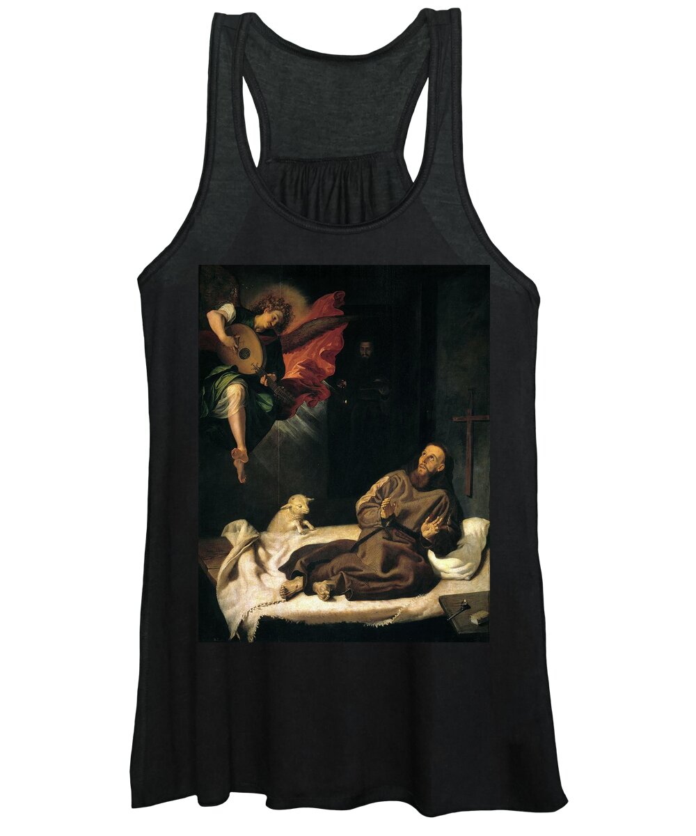 Francisco Ribalta Women's Tank Top featuring the painting 'Saint Francis comforted by a Musican Angel', ca. 1620, Spanish School, Oil ... by Francisco Ribalta -1565-1628-