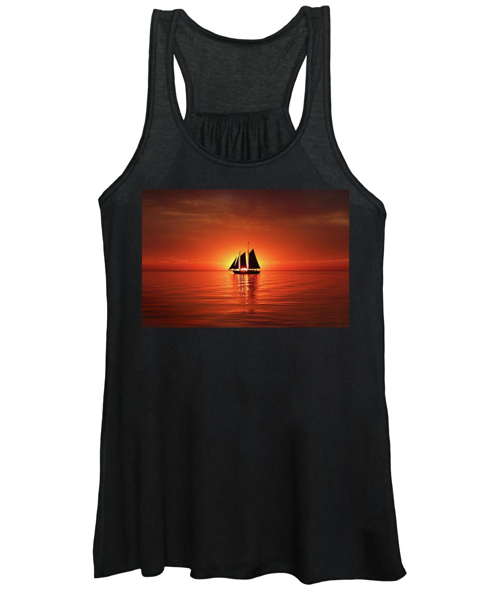 Edith M. Becker Women's Tank Top featuring the photograph Schooner Eclipses the Sunset by David T Wilkinson