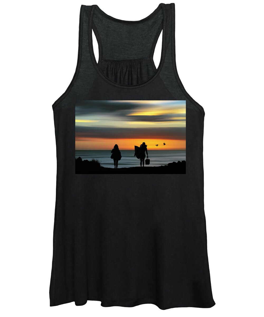 Surf Women's Tank Top featuring the digital art Surfer Girls Silhouette by Christopher Johnson