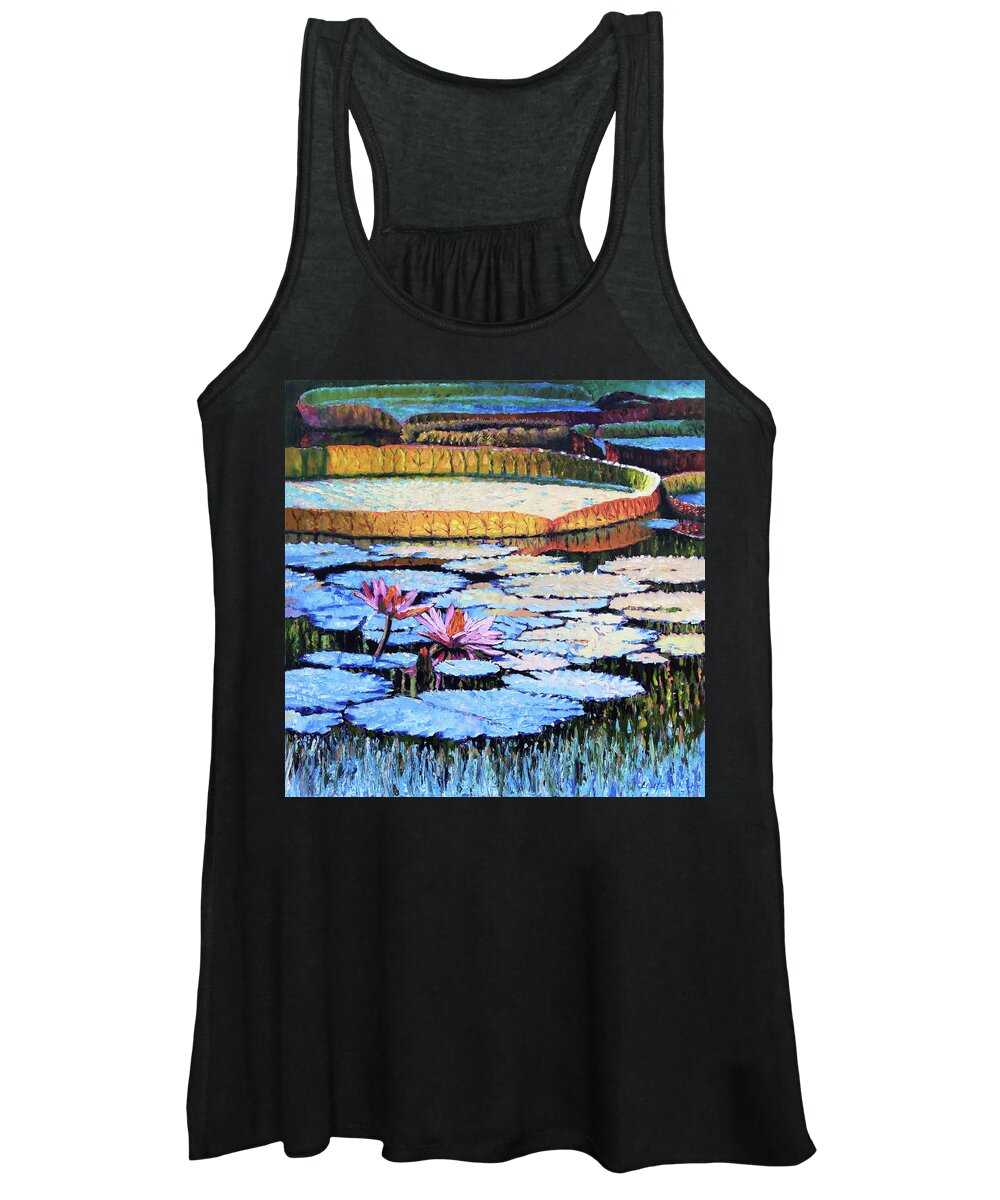 Water Lilies Women's Tank Top featuring the painting Golden Light on Lilies #1 by John Lautermilch