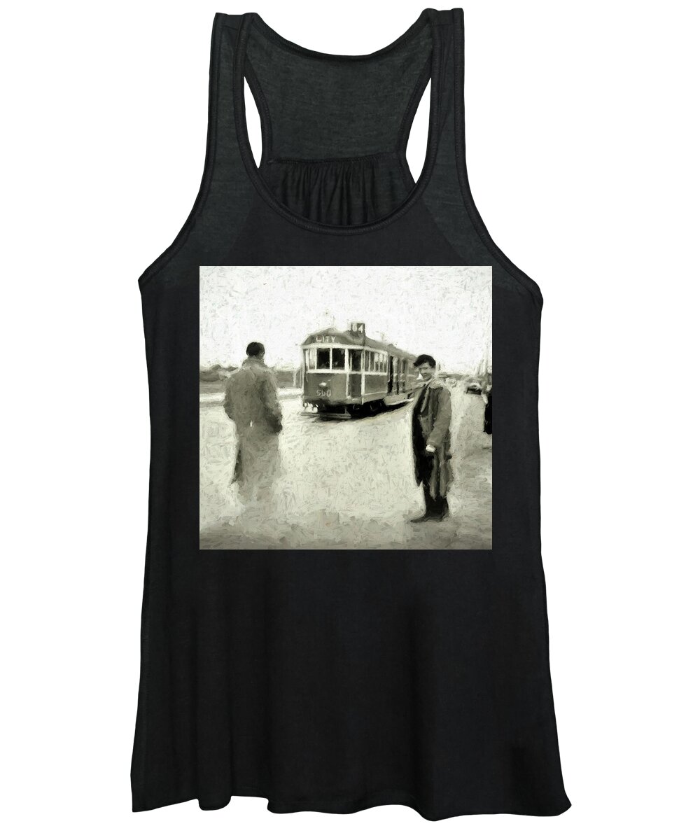 1950s Women's Tank Top featuring the mixed media 1950s Melbourne Tram 64 East Brighton to Melbourne University by Joan Stratton