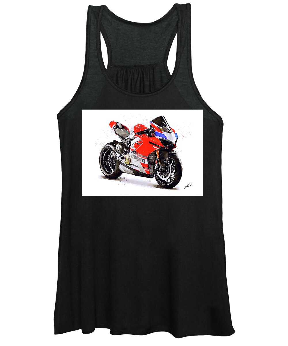 Sport Women's Tank Top featuring the painting Watercolor Ducati Panigale V4S motorcycle, oryginal artwork by Vart #3 by Vart Studio