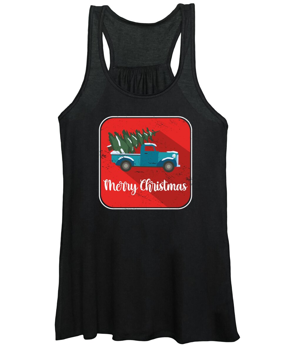 Red Christmas Wagon Women's Tank Top featuring the digital art Vintage Wagon Christmas Pickup Truck Retro #3 by Toms Tee Store