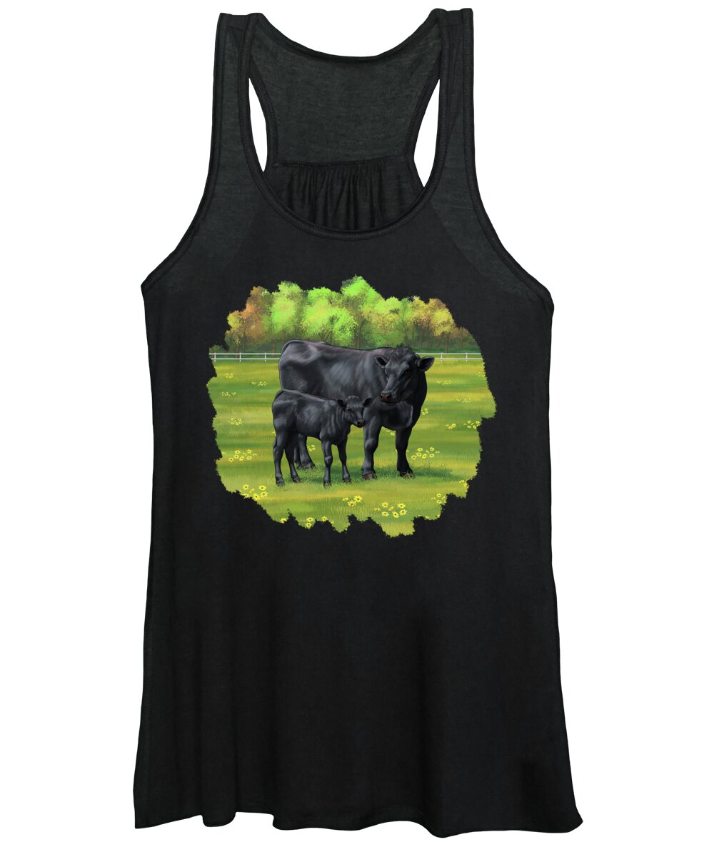 Cows Women's Tank Top featuring the painting Black Angus Cow and Cute Calf in Summer Pasture by Crista Forest