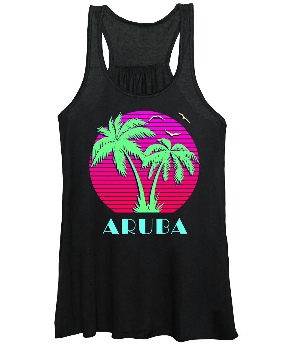 Classic Women's Tank Top featuring the digital art Aruba Retro Palm Trees Sunset by Megan Miller