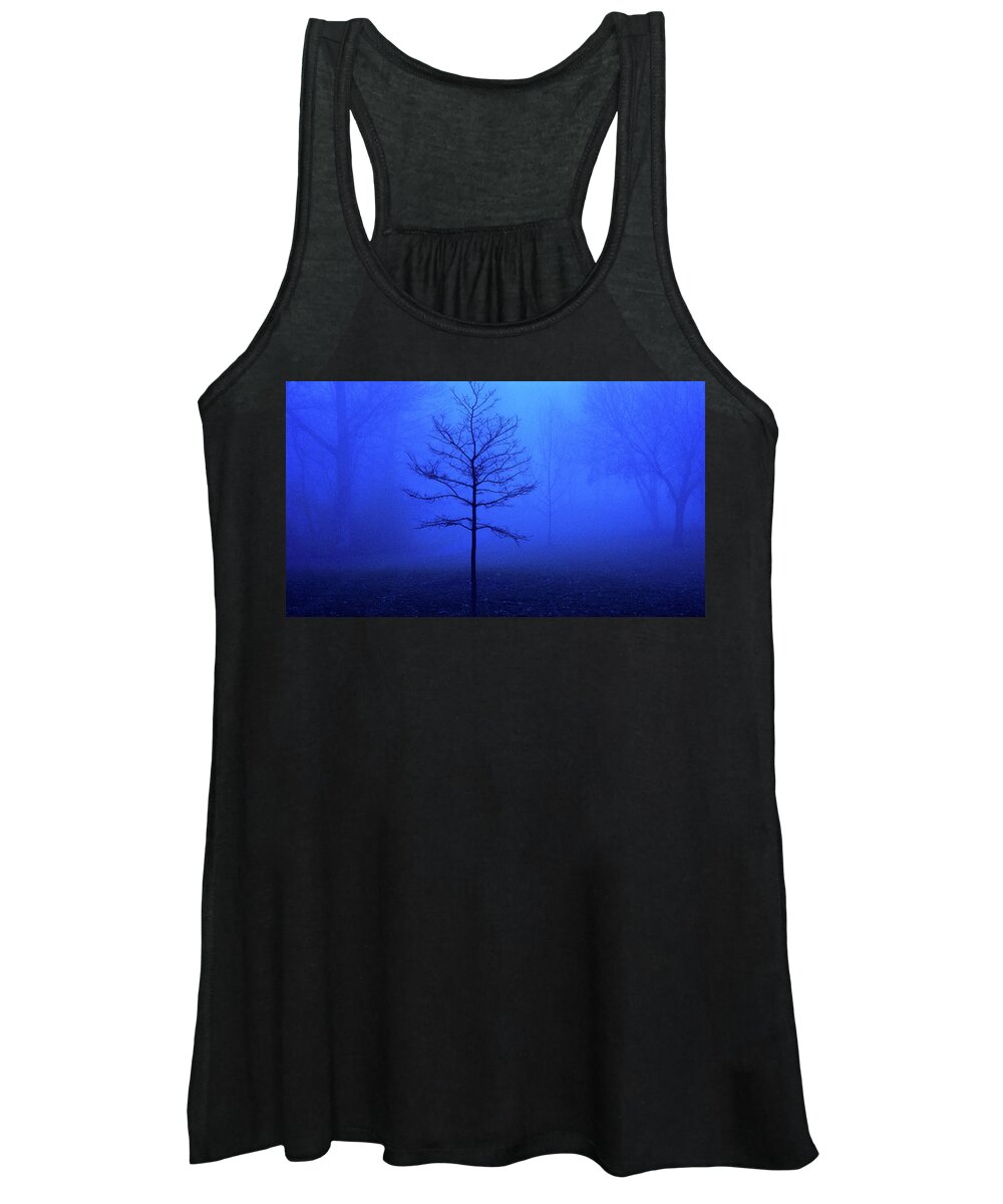 Blue Women's Tank Top featuring the photograph Bare Tree on a Foggy Morning by David Morehead