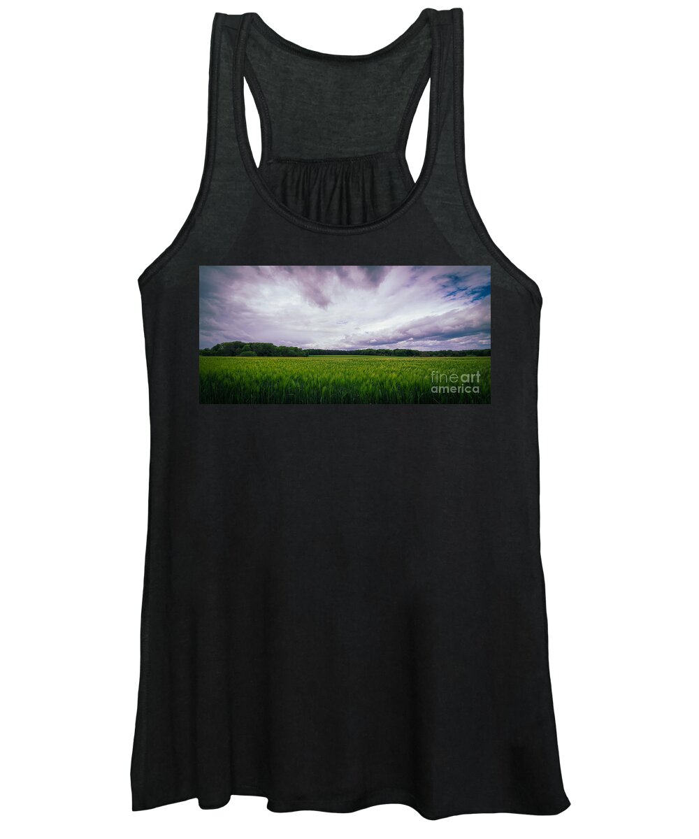 Barley Women's Tank Top featuring the photograph Beautiful landscape with green barley field and cloudy sky in the surroundings of Bonn by Mendelex Photography