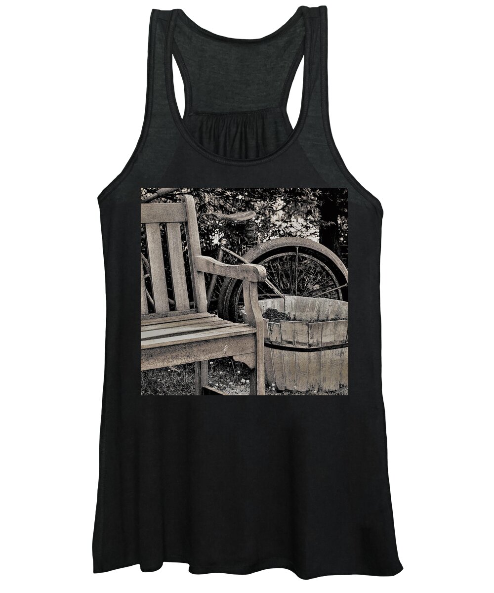 Bicycle Bench B&w Women's Tank Top featuring the photograph Bicycle Bench4 by John Linnemeyer