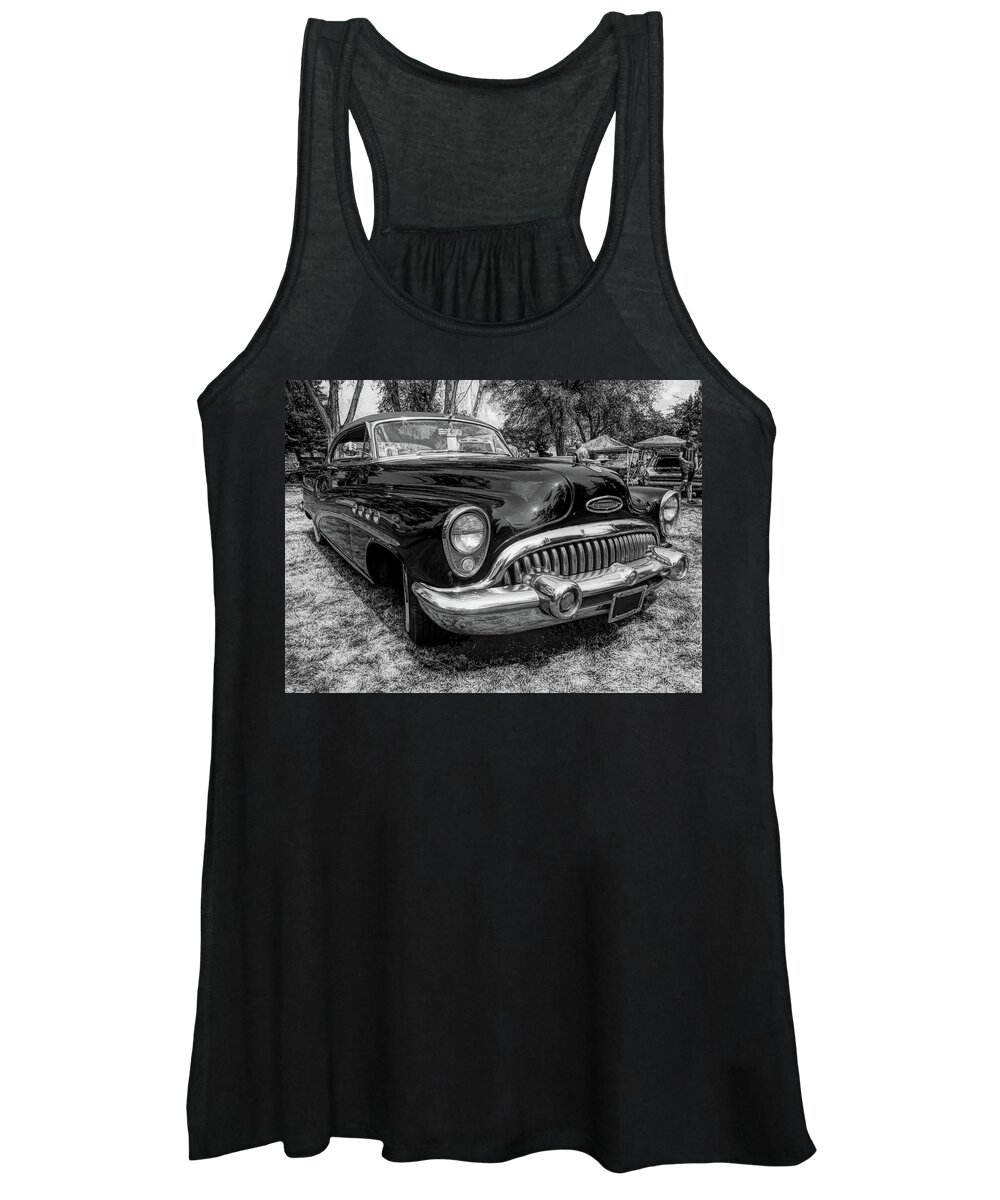 Buick Women's Tank Top featuring the photograph Black 1953 Buick Roadmaster Hardtop Front Bw by DK Digital