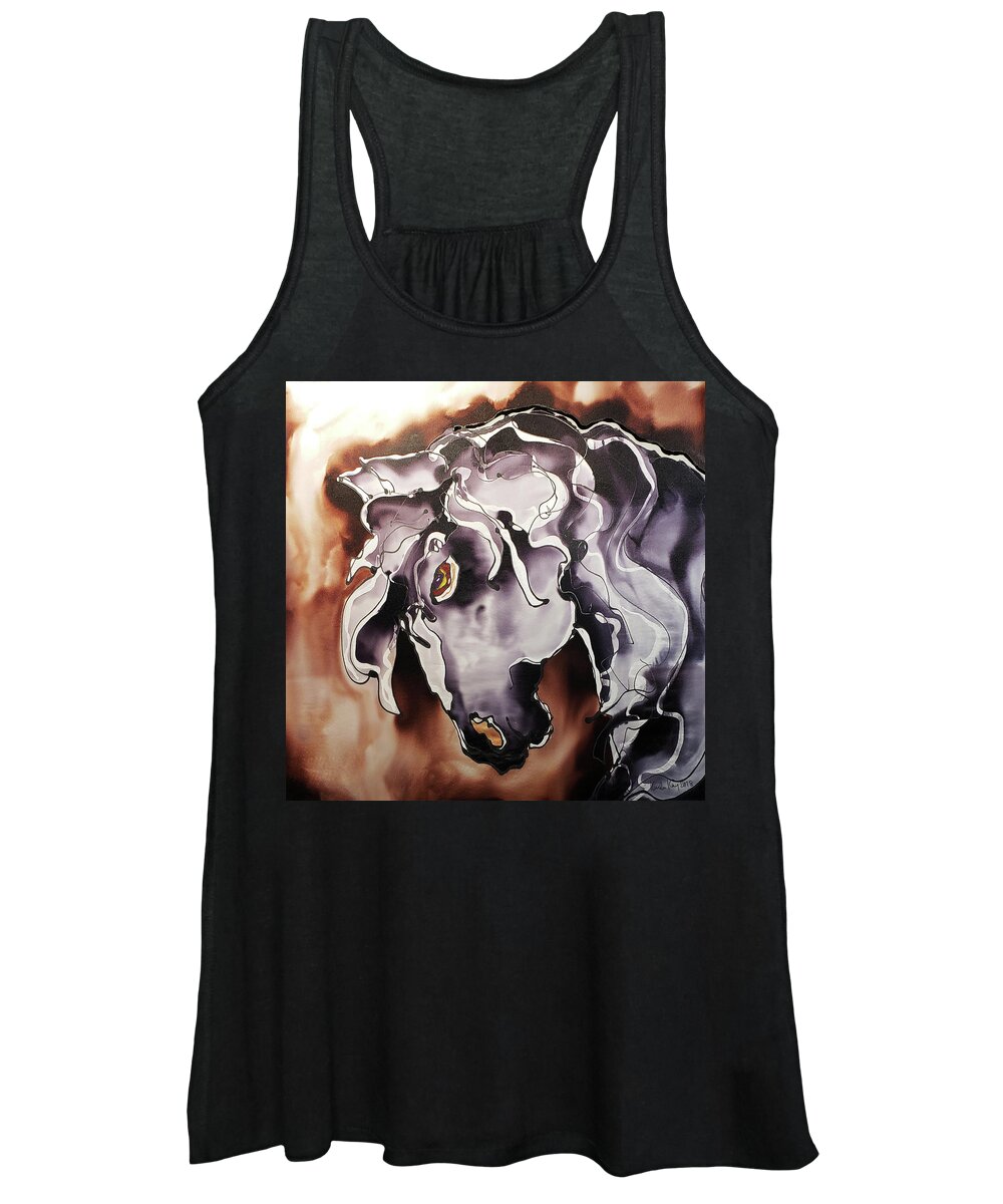 Hand Painted Silk Women's Tank Top featuring the painting Black and white horse at dusk by Karla Kay Benjamin