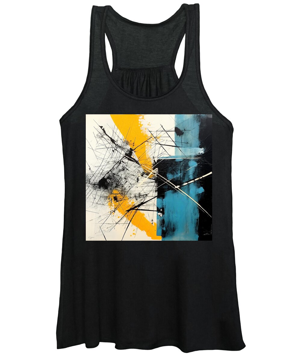 Blue Women's Tank Top featuring the painting Blue and Yellow Intersecting Lines by Lourry Legarde