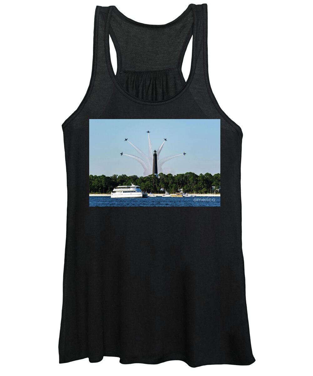 Blue Angels Women's Tank Top featuring the photograph Blue Angels over Pensacola Lighthouse by Beachtown Views