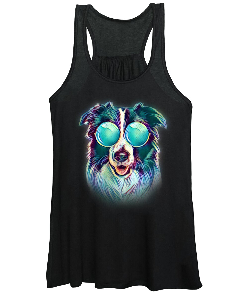Border Collie Gifts Women's Tank Top featuring the digital art Border Collie Neon Dog Sunglasses by Jacob Zelazny