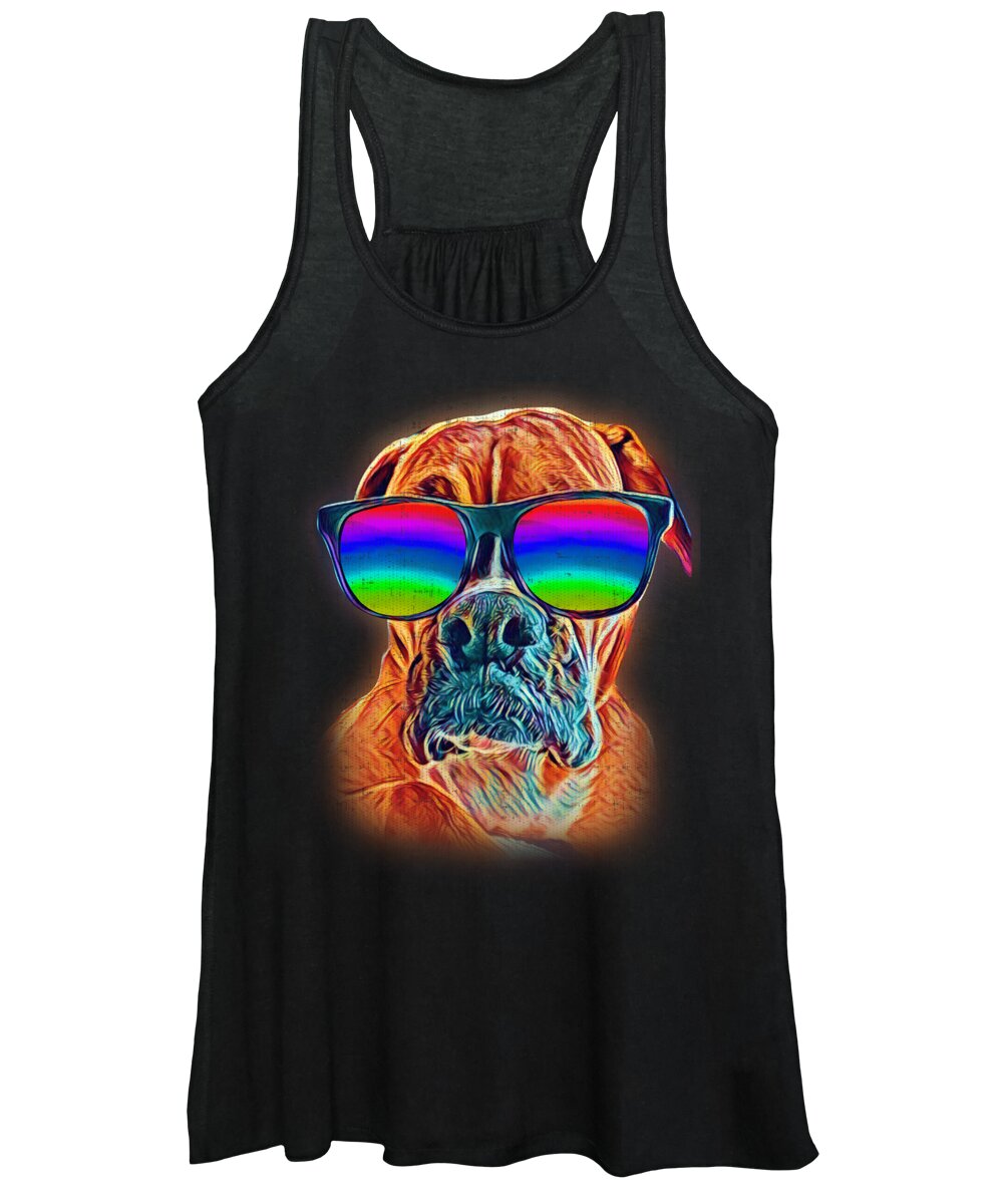 Dog Women's Tank Top featuring the digital art Boxer Colorful Neon Dog Sunglasses by Jacob Zelazny