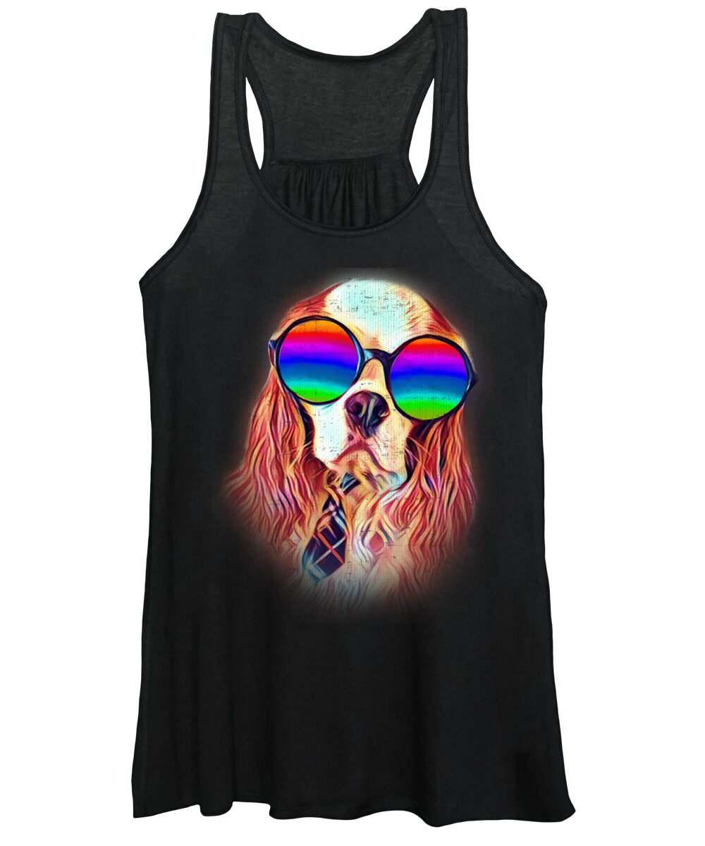Dog Women's Tank Top featuring the digital art Cavalier King Charles Spaniel Colorful Neon Dog Sunglasses by Jacob Zelazny