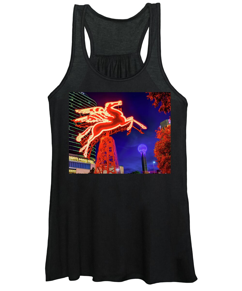 Dallas Pegasus Women's Tank Top featuring the photograph Dallas Flying Red Pegasus and Reunion Tower at Dusk by Gregory Ballos