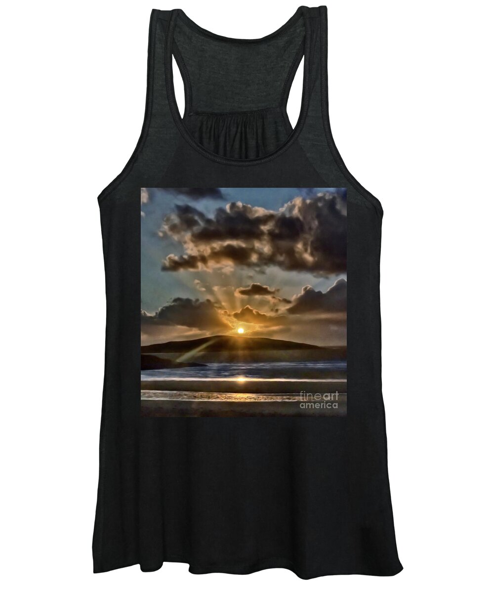 Dramatic Sunset Blue Yellow Round Sun Rays Glen Water Sea Mountain Beautiful Magnificent Stunning Serenity Solitary Nature Powerful Clouds Sky Shining Scotland Harris Highlands Mountains Setting Landscape Panorama Panoramic Breathtaking Spectacular Exciting Mindfulness Relaxing Artistic Unwinding Stylish Exceptional Singular Memorable Phenomenal Eccentric Awesome Electrifying Stimulating Intoxicating Sensational Thrilling Splendid Atmospheric Aesthetic Charming Outer Hebrides Fantastic Magical Women's Tank Top featuring the photograph Dramatic sunset at sea and mountains #1 by Tatiana Bogracheva