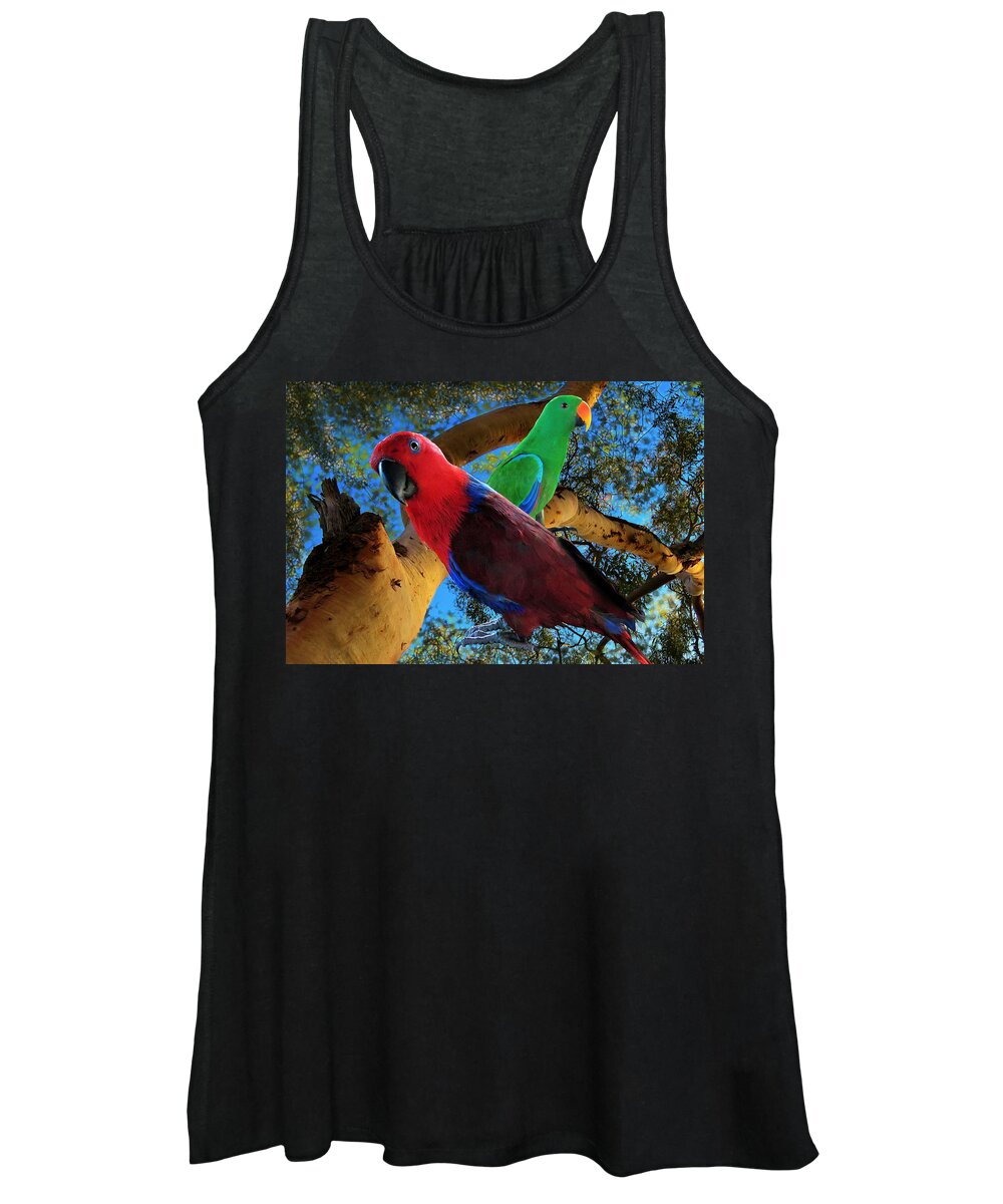 Eclectus Parrot Women's Tank Top featuring the mixed media Eclectus Parrots by Joan Stratton