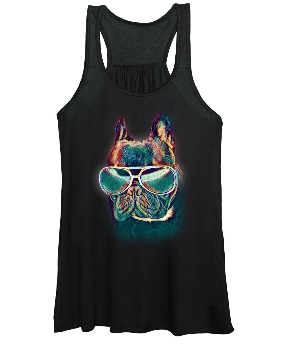 Dog Women's Tank Top featuring the digital art French Bulldog Colorful Neon Dog Frenchie Sunglasses by Jacob Zelazny